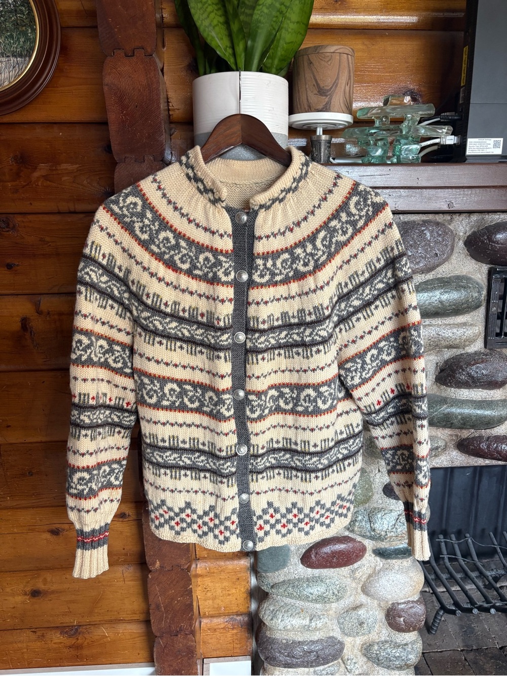 Vintage Wool Nordic Fair Isle Knit Cardigan Viking Metal Buttons M/L
